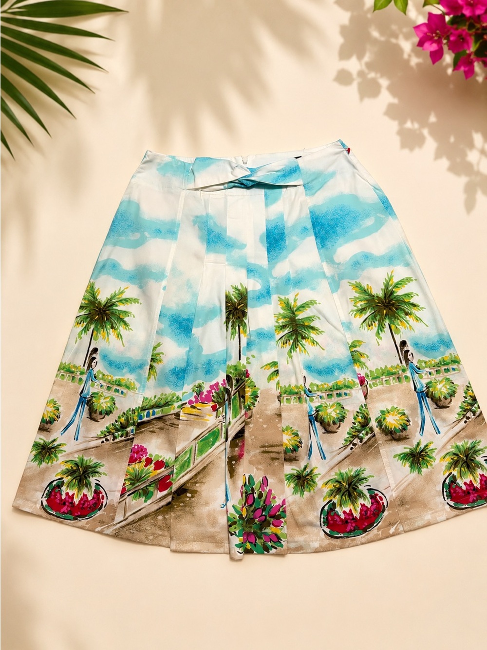 Tropical Print Midi Skirt in Sky Blue